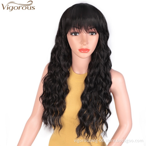 Vigorous Body Wave Synthetic Wigs with Hair Bangs Heat Resistant Fiber Long Wavy Wigs Black Women African American Wigs